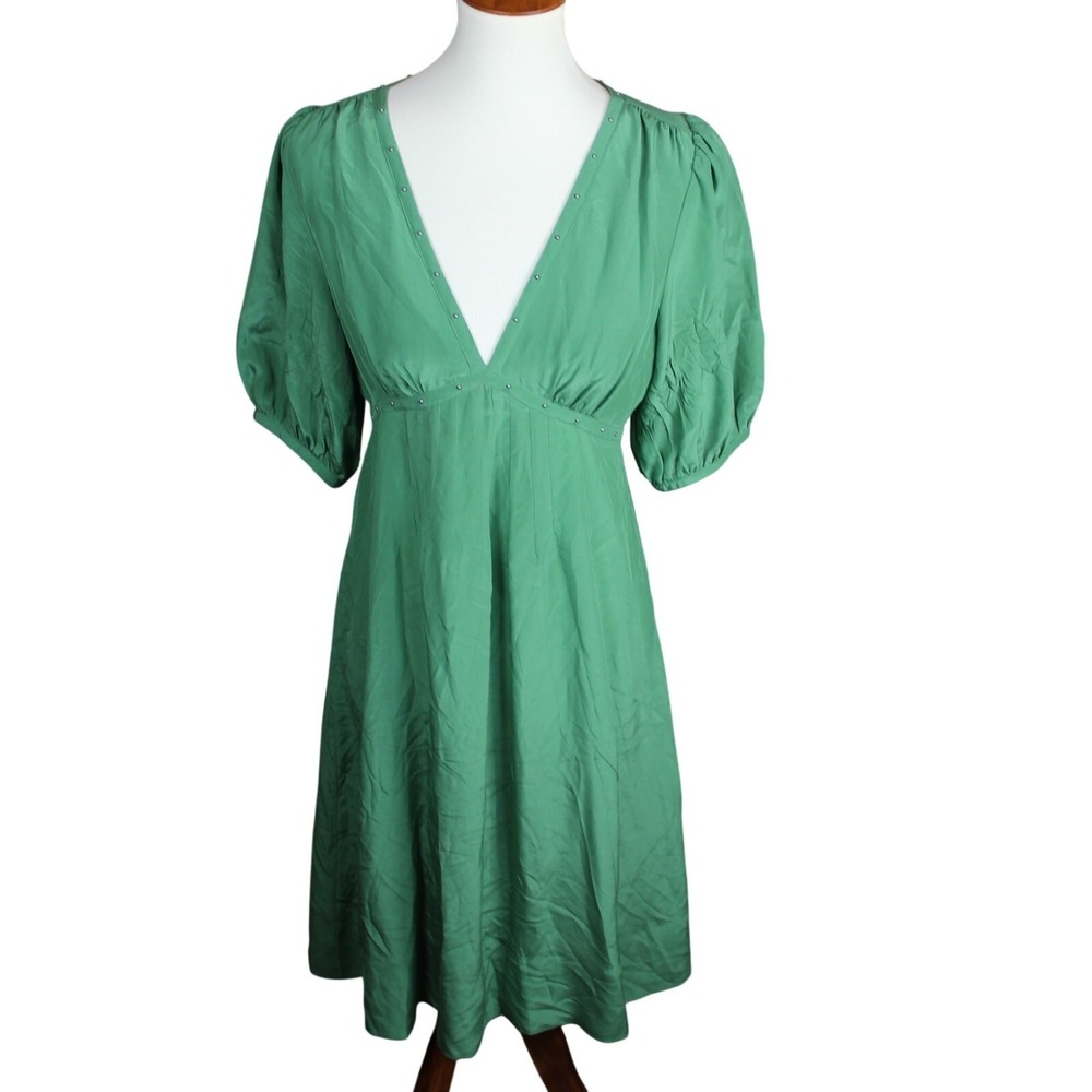 Banana Republic Silk Dress Womens 6 Green Midi Puff Sleeve Studded V Neck Y2K